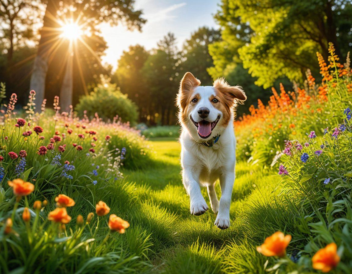 A serene scene of a happy dog playing fetch in a lush green park, with its owner gently smiling and engaged in training. Surrounding them are colorful flowers and trees under a bright blue sky, showcasing the bond of responsible pet ownership. A checklist for canine care can be subtly integrated into the grass, emphasizing training tips. golden hour lighting. vibrant colors. super-realistic.