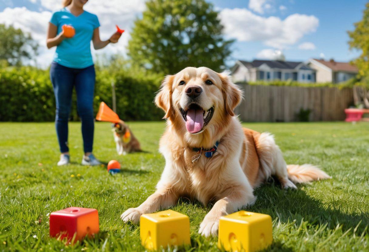 A joyful dog undergoing a training session with a professional trainer, showcasing various training techniques and care tools in a bright, outdoor setting. Incorporate playful elements like toys and treats, with a focus on the dog’s transformation and happiness. Include a diverse group of pet owners observing and learning. Bright colors and energetic atmosphere. super-realistic. vibrant colors. outdoor setting.